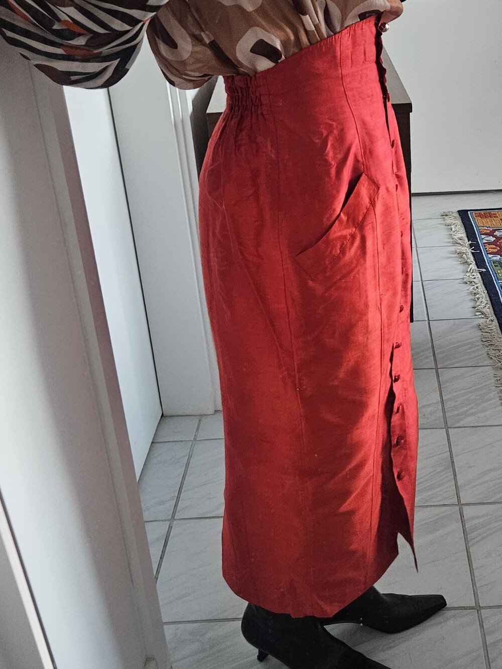 Chacok France Carmen Silk Orange Red High Waisted Button Down Midi Skirt - Picture 6 of 9